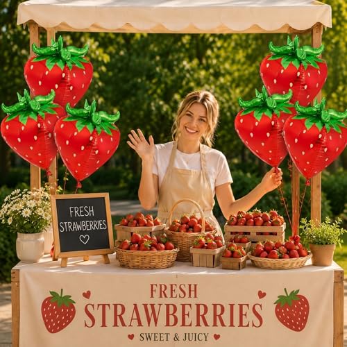 PullCrease 4D Strawberry Foil Balloons, 29-Inch Fruit Party Decor, 6 Pack