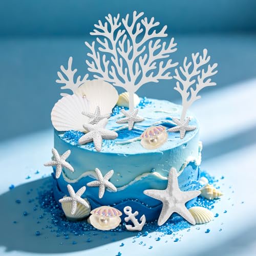18-Piece Ocean Theme Cake Topper Set, Gold Seashell & Starfish Decorations