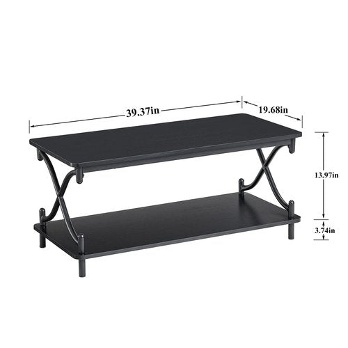 VECELO 39-Inch Coffee Table with Storage and Open Shelves for Living Dining Room, Modern Rectangle & Industrial Design, X-Shape Frame, Black
