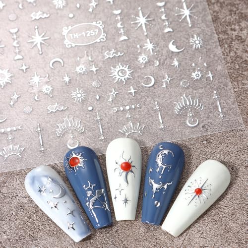 Lismyakey 3D Star Moon Embossed Nail Stickers Self-Adhesive Decals 5 Sheets
