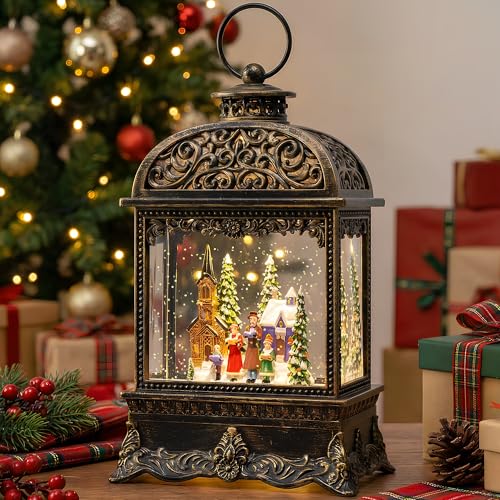 Christmas Village Snow Globe Water Lantern with Church Carolers Scene - 10.2" Musical Holiday Decor