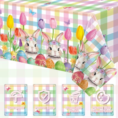 Dvaorc 4-Pack Easter Tablecloth and Bunny Banners Spring Party Decor