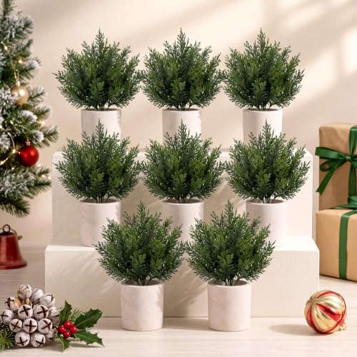 8 Pack Christmas Small Artificial Cedar Bush Tree - White Variation