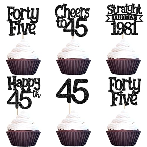 30PCS Happy 45th Birthday Cupcake Toppers Glitter Black Picks