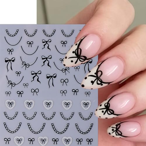SHUXILIN Heart Bow Nail Stickers 8 Sheets Self-Adhesive Pink White Ribbons