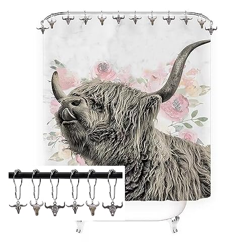 Western Cow Shower Curtain Hooks - 12 Metal Bull Skull Hooks