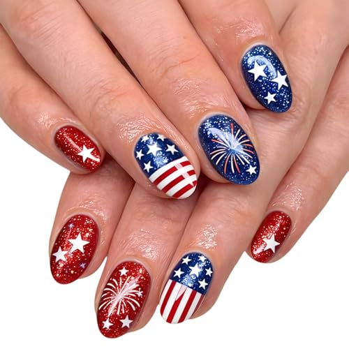 BYJKYEN 4th of July Press on Nails Short Almond Patriotic Fake Nails