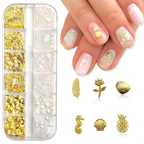3D Metal Nail Art Studs Ocean Theme Gold Charms with Tools 2 Boxes