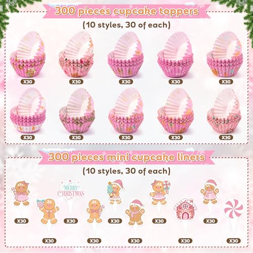 Christmas Mini Cupcake Liners with Gingerbread Man Toppers - 300pcs Baking Cups & Decorations