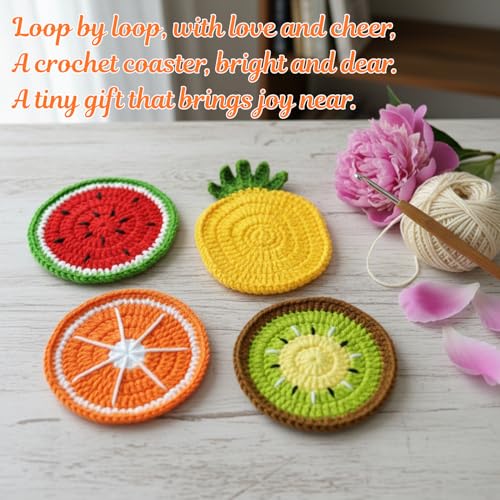 BRIFUFOUS Crochet Fruit Coasters Set - Orange, Pineapple, Kiwi, Watermelon