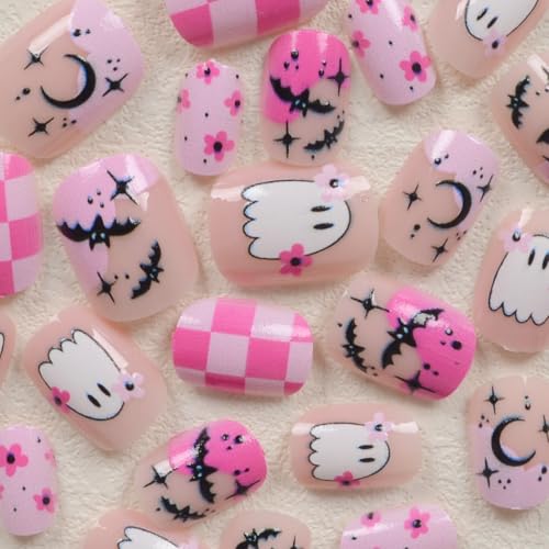 KTAABTR Pink Halloween Ghost Press on Nails Short Square False Nails