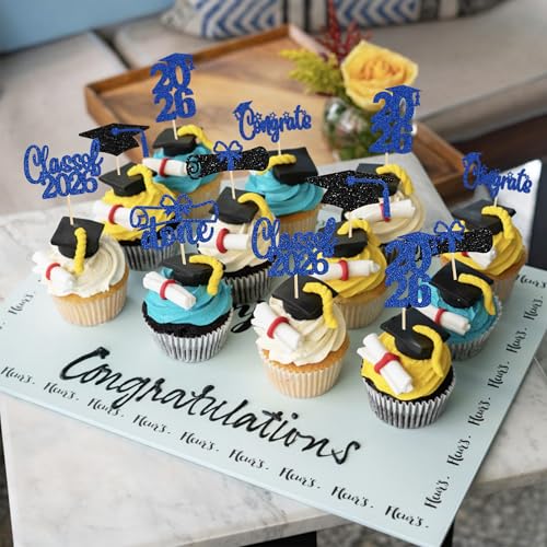 24 Pack Graduation Cupcake Toppers - Class of 2026 Glitter Decor