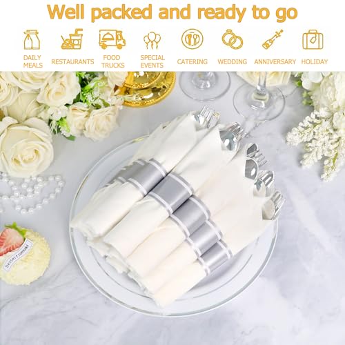 White and Silver Disposable Cutlery & Napkin Set for 200 Guests