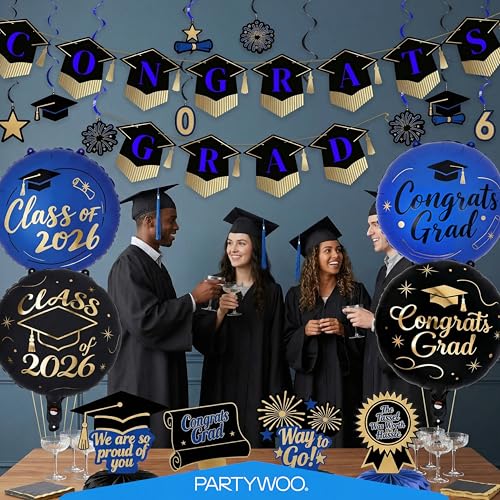 Graduation Decorations Class of 2026 - 19-Piece Black Gold Blue Set
