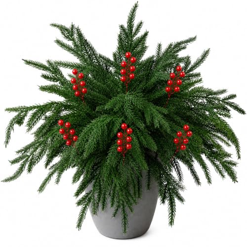 Christmas Norfolk Pine Stems with Red Berry Picks - Real Touch Greenery, 10 Pieces, Green Variation