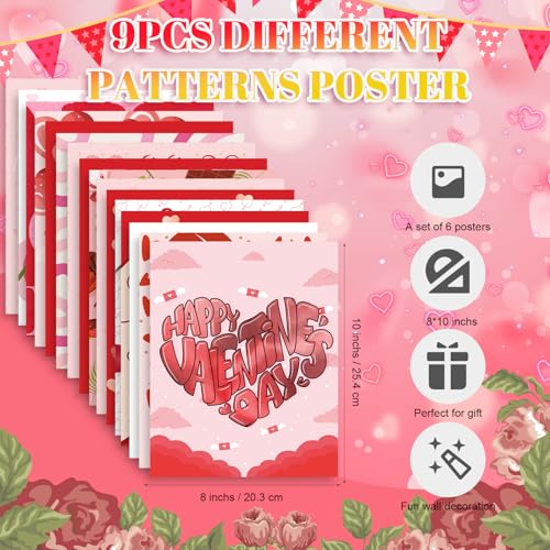 16 Pcs Valentine Wall Art Prints - Romantic Love Heart Posters, 8x10 Inch