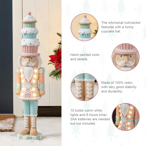 Christmas Porch Decor Nutcracker with Macaron Hat & Lighted Cupcake, 28"