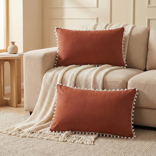 Rust Pom Poms Pillowcases Set of 2, 30x20 Queen Size, Soft Microfiber