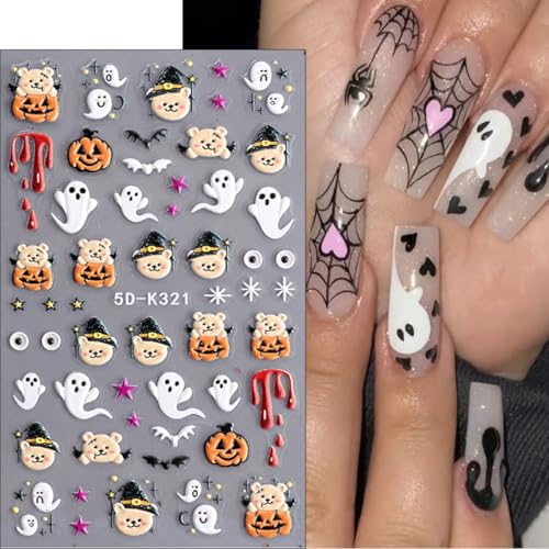 5D Halloween Nail Stickers Cute Ghost Pumpkin Self-Adhesive Decals 3 Sheets