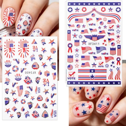 Nudurom 8 Sheets 4th of July Patriotic Nail Stickers 3D USA Decals