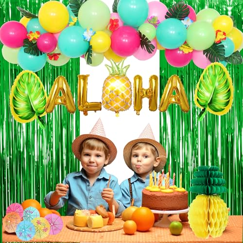 Luau Party Decorations Set - Hawaiian Birthday Decor with Table Skirt, Balloons, and Cupcake Toppers