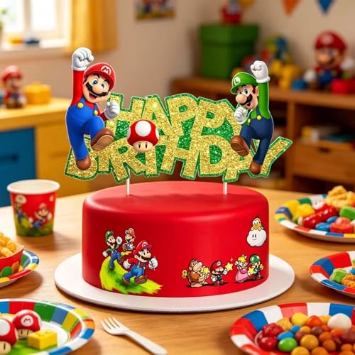 Gold Glitter Mario Cake Topper | Birthday Party Supplies