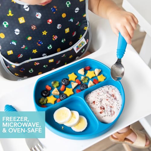 Bumkins Silicone Suction Plate for Toddlers - Divided Grip Dish, Blue/Dark Blue
