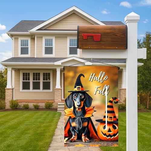 Hallo Fall Garden Flag 12x18 Inch - Dachshund & Pumpkin Design