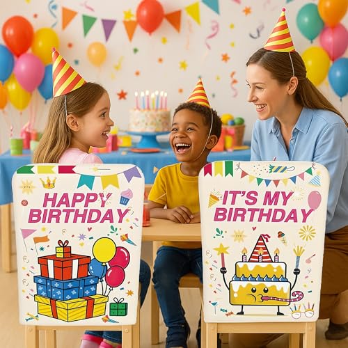 Beige 2 Pack Happy Birthday Chair Back Covers for Parties, 19.7" x 23.6" Polyester Slipcovers