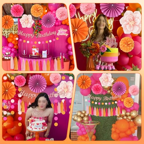 Pink Orange Birthday Decorations Kit for Women & Girls - Peach Gold Balloons, Banner, Cake Topper & Pom Poms