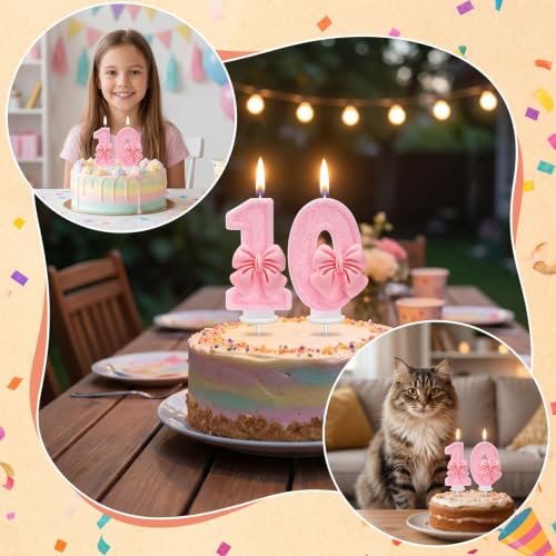 LASILE Pink Bow Number 10 Birthday Candle 3.4 Inch Glitter Cake Topper Girl Party Decor