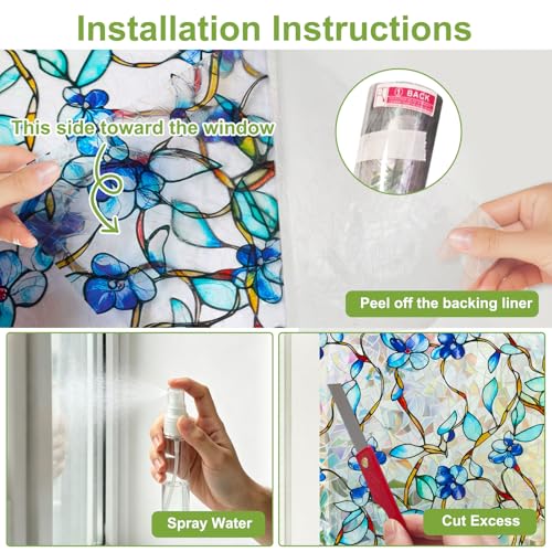Blue Vine Floral Privacy Window Film - Stained Glass Static Cling 17.5x78.7"