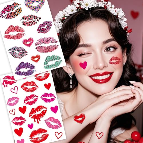 WIWUFUE Valentine's Day Temporary Tattoos 6 Sheets, Waterproof Romantic Hearts & Sexy Lips Body Art Stickers for Couples