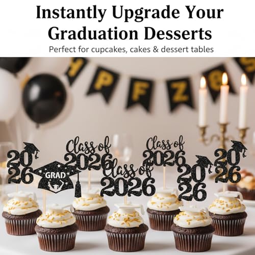 36 PCS Class of 2026 Graduation Cupcake Toppers - Black Glitter