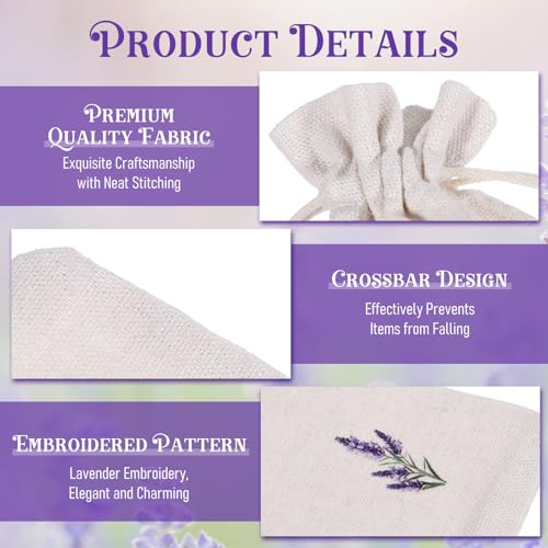 12 Pcs Lavender Embroidered Cotton Drawstring Bags - 4x6 Inch