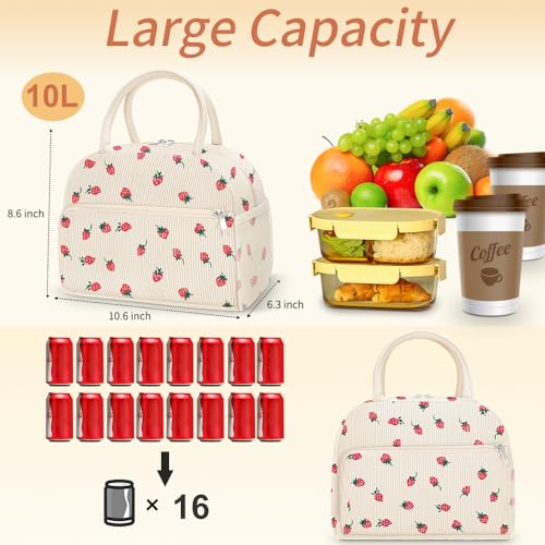 Coobiiya Corduroy Insulated Lunch Bag - Large Capacity Tote, Strawberry