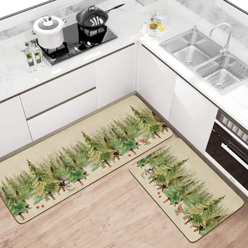 2025 Christmas Kitchen Rugs Set of 2 - Snowy Forest Deer Fox Snowflake Decor