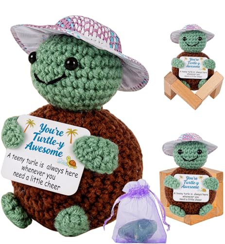 Positive Crochet Turtle with Encouraging Card and Healing Crystals