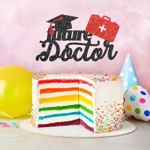 Future Doctor Graduation Cake Topper - Black Red Glitter Decoration