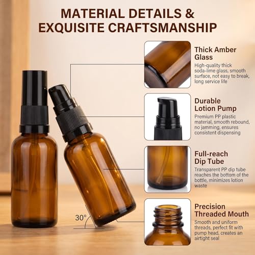 QUUPY 3-Pack 30ml Amber Glass Pump Bottles for Lotion and Essential Oils