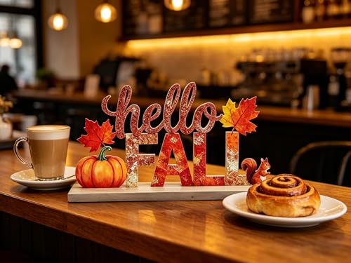Hello Fall Metal Tabletop Sign - Rustic 3D Harvest Pumpkin Decor