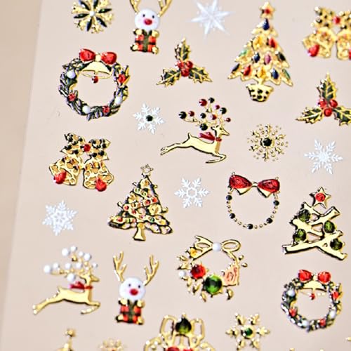 5D Embossed Christmas Nail Stickers Glitter Gold Xmas Tree Decals