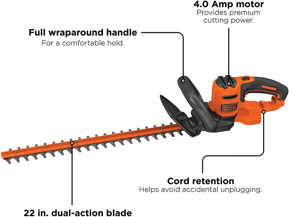 BLACK+DECKER 22" Electric Hedge Trimmer - Lightweight 4.0 Amp Dual Action Shrub Cutter | Full Wraparound Handle