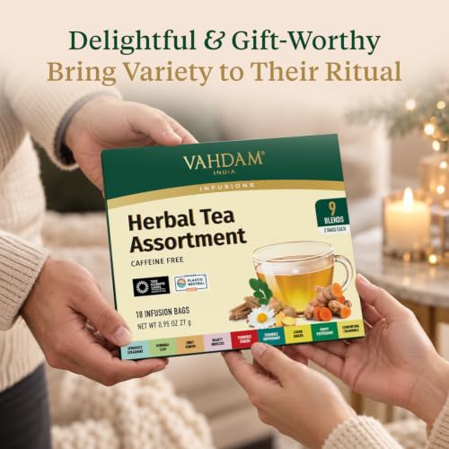 VAHDAM Assorted Herbal Tea Sampler - 18 Tea Bags, 9 Flavors, Caffeine-Free, Individually Wrapped, Pack of 1