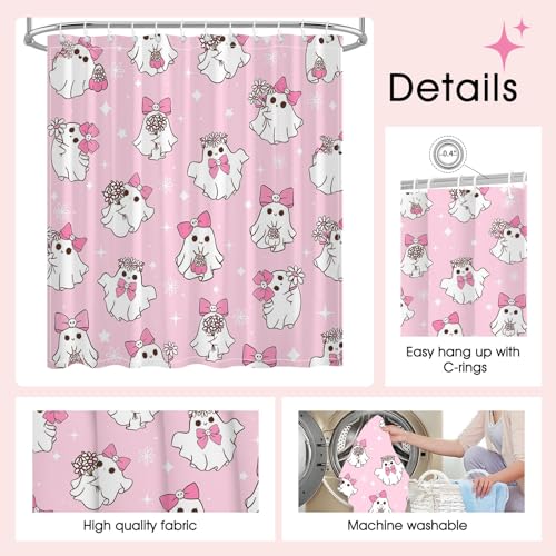 Mocsicka Halloween Pink Ghost Shower Curtain, 71x71 Inch Waterproof Fabric