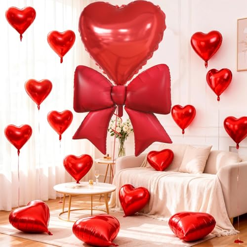 KYGNE 10Pcs Red Heart & Bow Foil Balloon Set for Parties