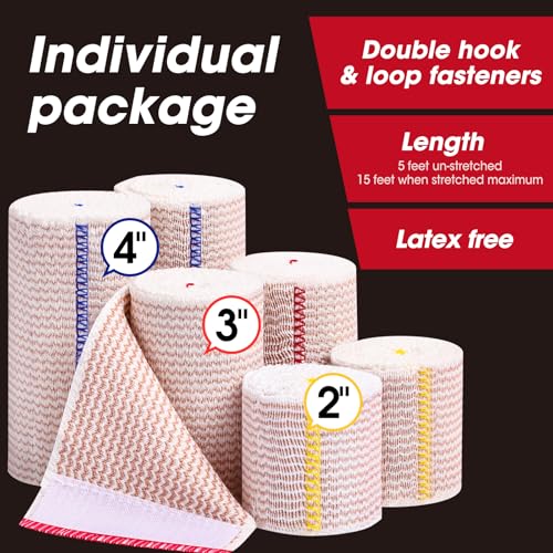 6 Pack Premium Elastic Bandage Wrap(2x2, 2x3, 2x4), Compression Bandage Wrap, Lymphedema Wraps for Legs, Ankle, Knee, Tummy