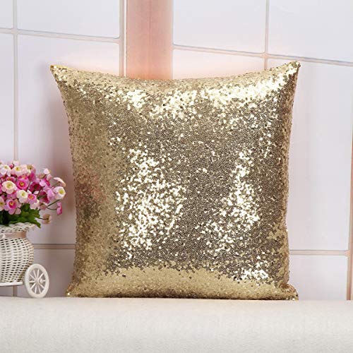 ShinyBeauty 12x12 Inch Champagne Gold Sequin Pillow Cover, Decorative Throw