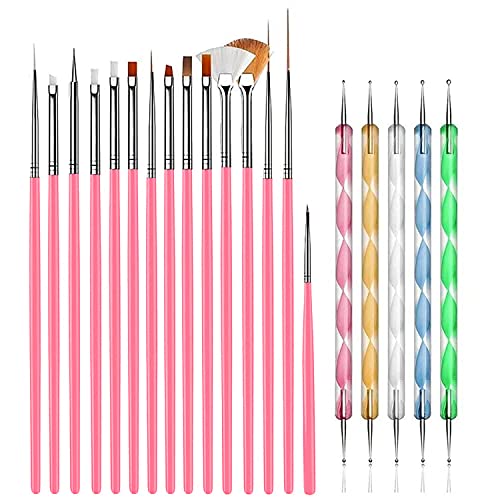 AIBEE 20pcs Nail Art Brushes and Dotting Pens Kit - Pink DIY Set