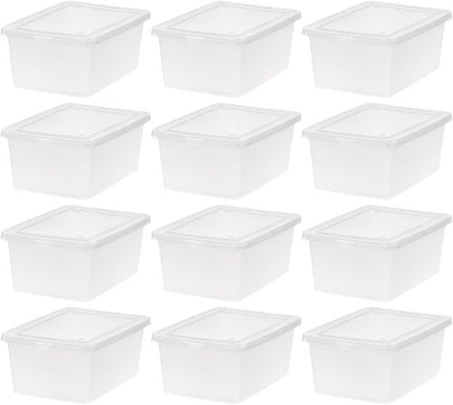 IRIS USA Storage Bins - 12-Pack Clear 15 Quart Stackable Containers for Shoes & Organization